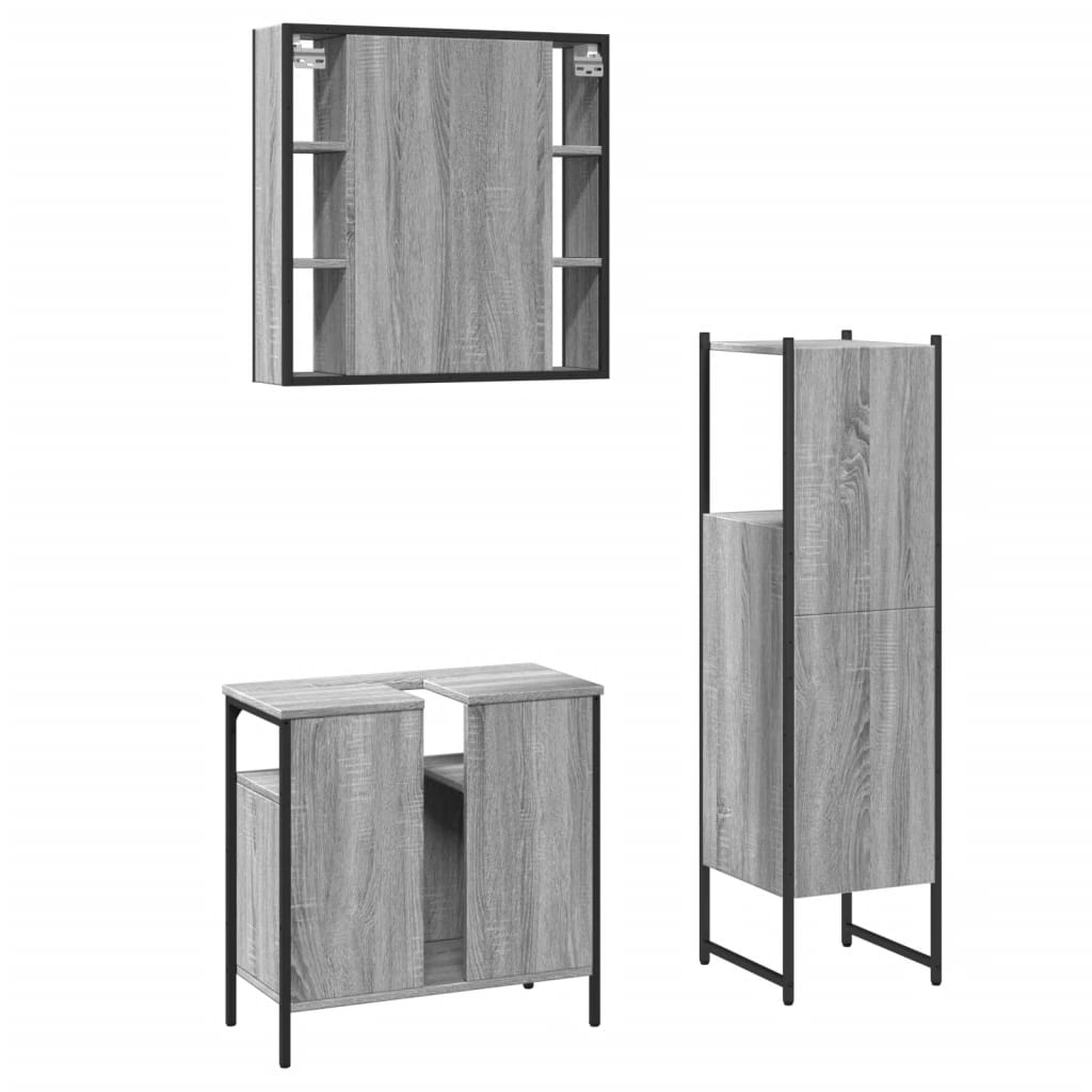 3-delige Badkamermeubelset bewerkt hout grijs sonoma eikenkleur is nu te koop bij PeponiXL, paradijselijk wonen!