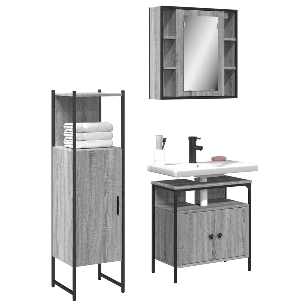 3-delige Badkamermeubelset bewerkt hout grijs sonoma eikenkleur is nu te koop bij PeponiXL, paradijselijk wonen!