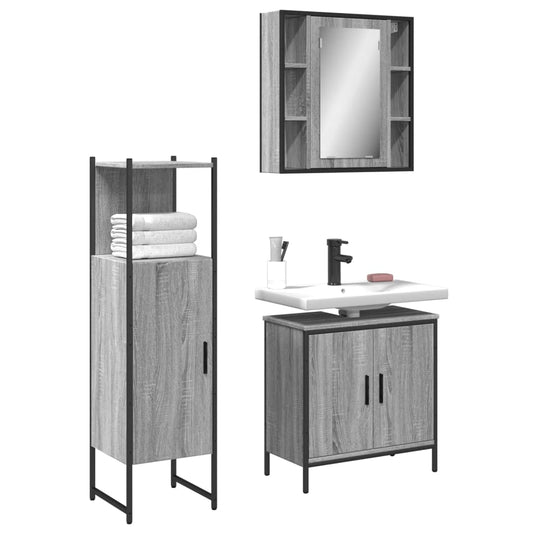 3-delige Badkamermeubelset bewerkt hout grijs sonoma eikenkleur is nu te koop bij PeponiXL, paradijselijk wonen!