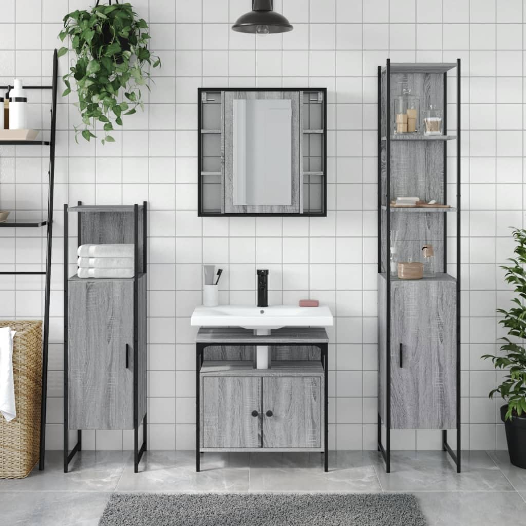 4-delige Badkamermeubelset bewerkt hout grijs sonoma eikenkleur is nu te koop bij PeponiXL, paradijselijk wonen!