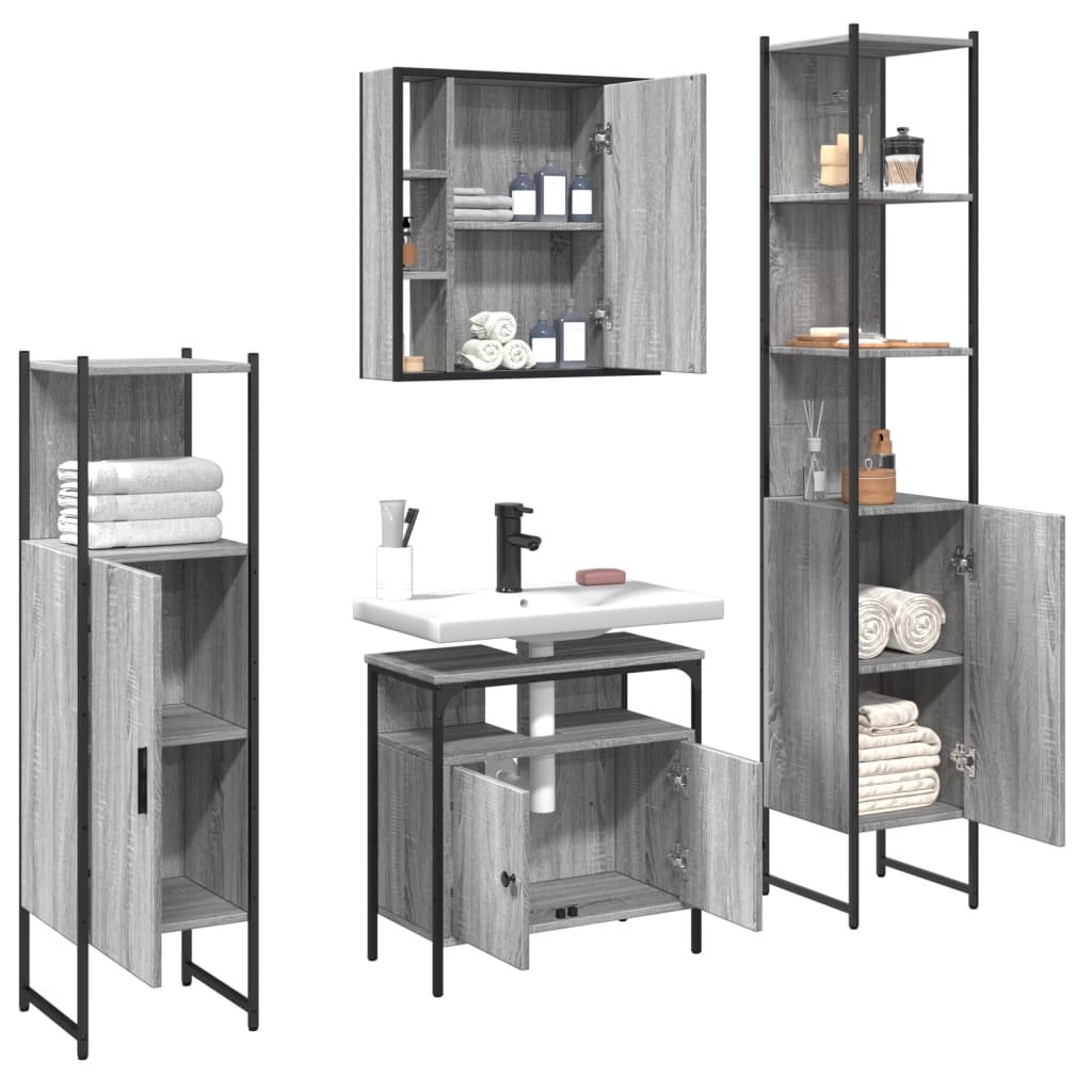 4-delige Badkamermeubelset bewerkt hout grijs sonoma eikenkleur is nu te koop bij PeponiXL, paradijselijk wonen!