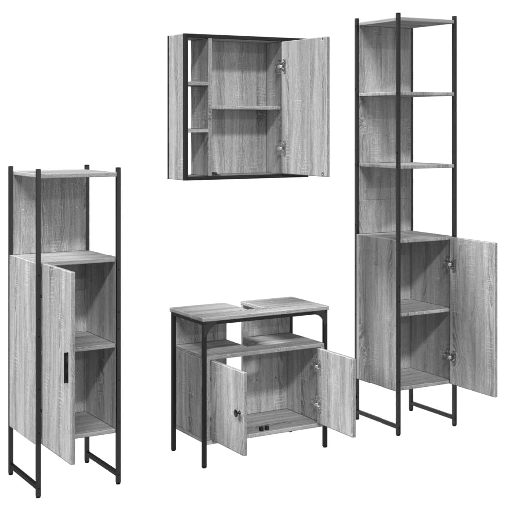 4-delige Badkamermeubelset bewerkt hout grijs sonoma eikenkleur is nu te koop bij PeponiXL, paradijselijk wonen!