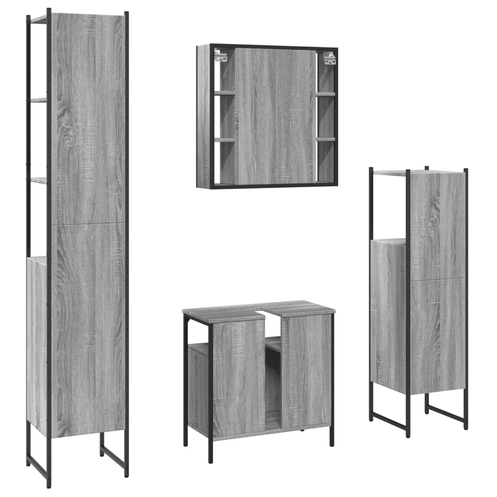 4-delige Badkamermeubelset bewerkt hout grijs sonoma eikenkleur is nu te koop bij PeponiXL, paradijselijk wonen!