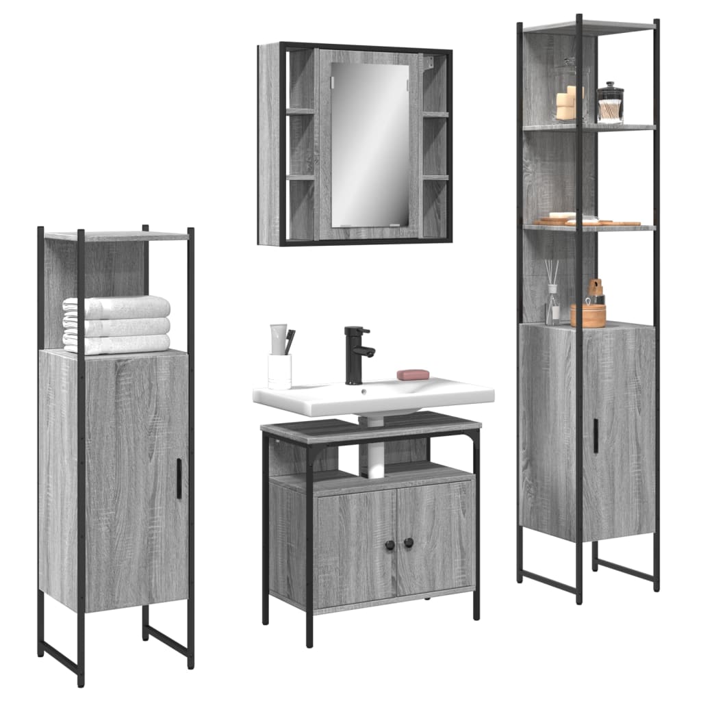 4-delige Badkamermeubelset bewerkt hout grijs sonoma eikenkleur is nu te koop bij PeponiXL, paradijselijk wonen!