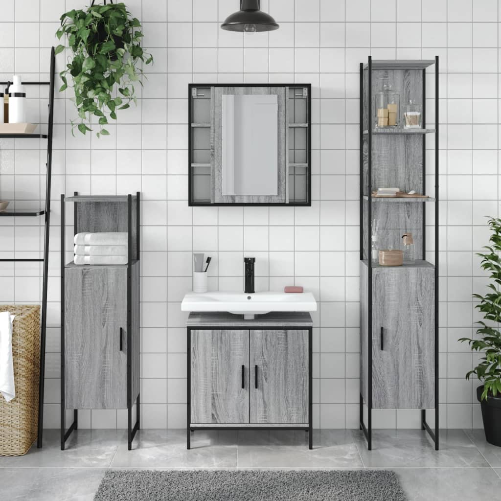 4-delige Badkamermeubelset bewerkt hout grijs sonoma eikenkleur is nu te koop bij PeponiXL, paradijselijk wonen!
