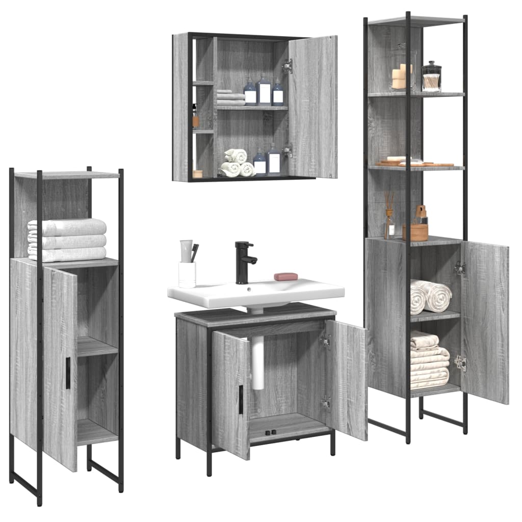 4-delige Badkamermeubelset bewerkt hout grijs sonoma eikenkleur is nu te koop bij PeponiXL, paradijselijk wonen!