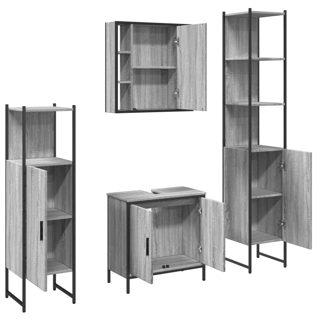 4-delige Badkamermeubelset bewerkt hout grijs sonoma eikenkleur is nu te koop bij PeponiXL, paradijselijk wonen!