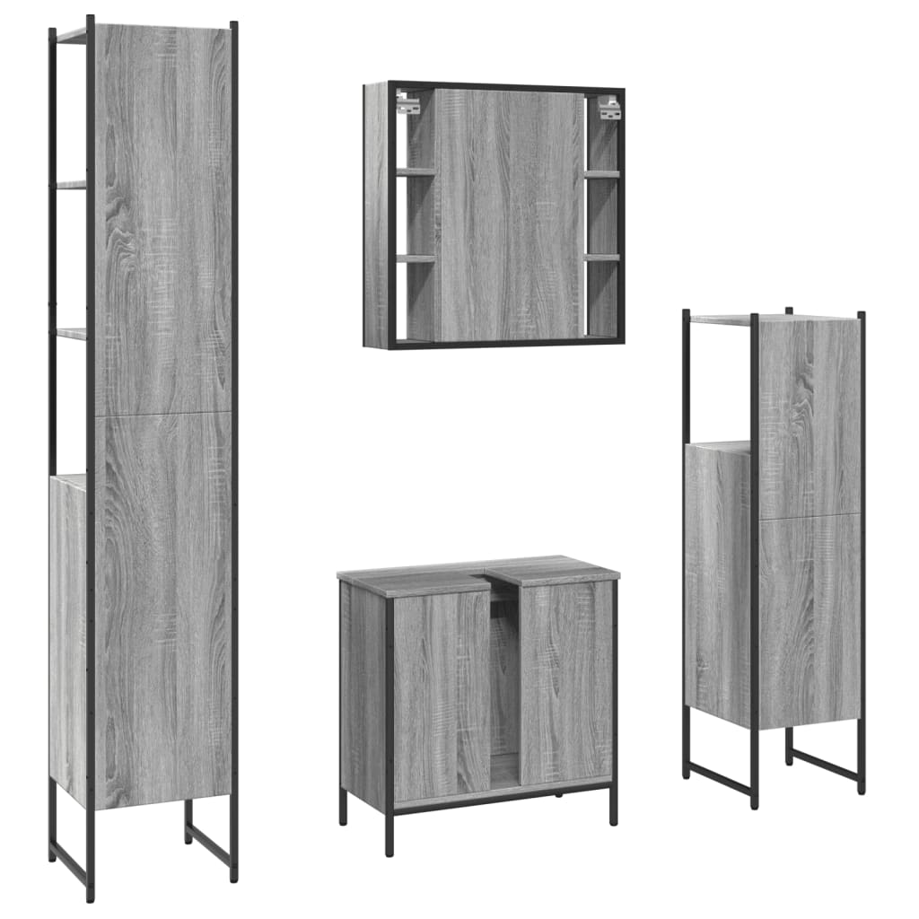 4-delige Badkamermeubelset bewerkt hout grijs sonoma eikenkleur is nu te koop bij PeponiXL, paradijselijk wonen!