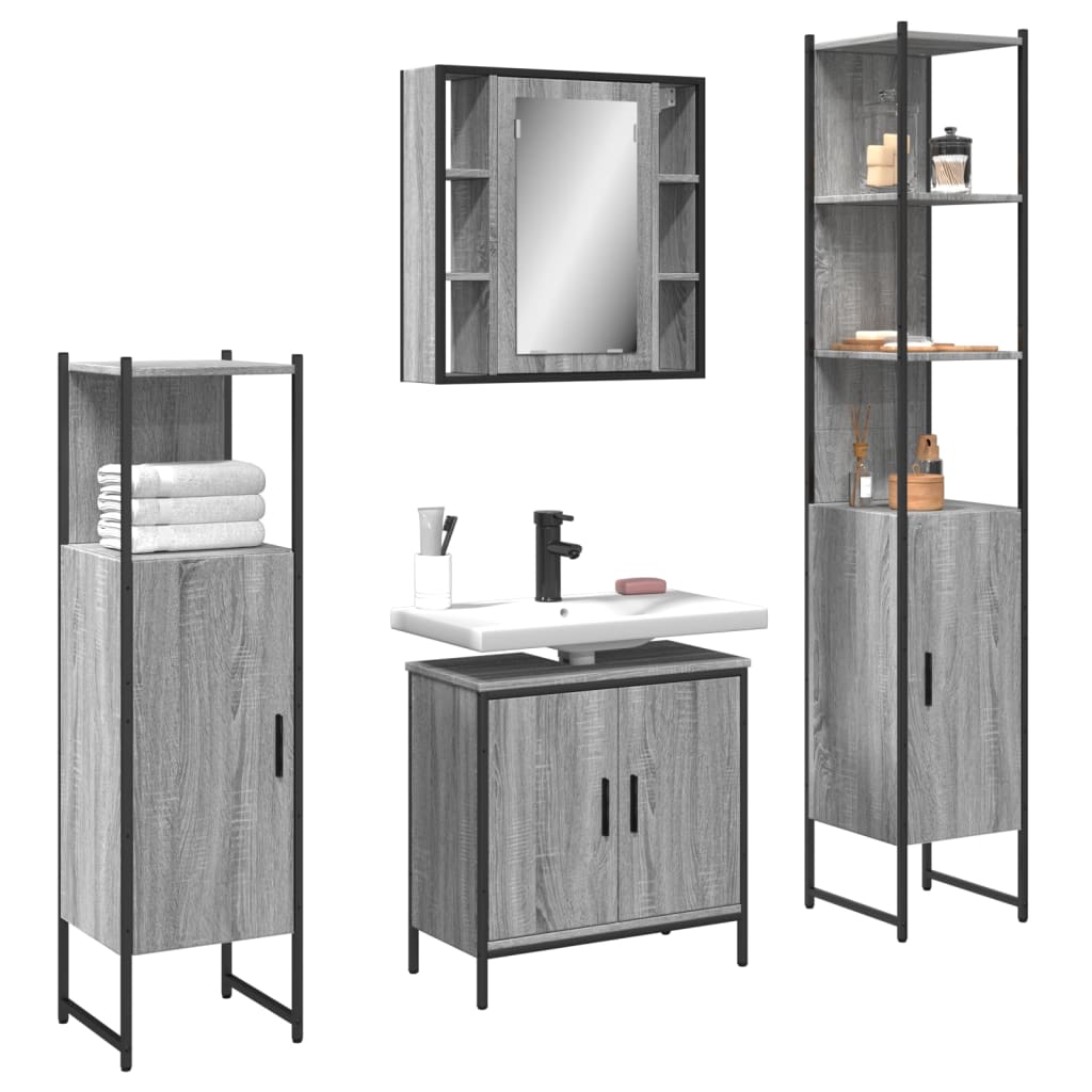 4-delige Badkamermeubelset bewerkt hout grijs sonoma eikenkleur is nu te koop bij PeponiXL, paradijselijk wonen!
