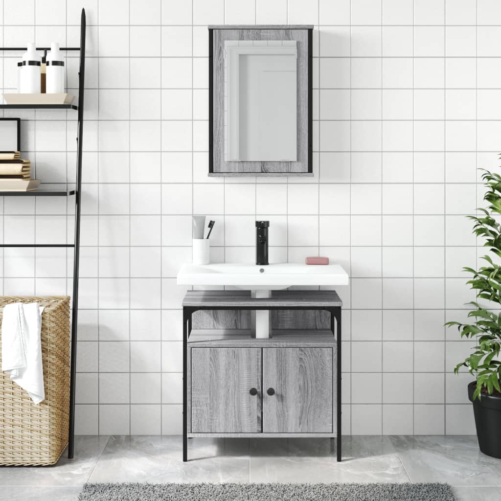 2-delige Badkamermeubelset bewerkt hout grijs sonoma eikenkleur is nu te koop bij PeponiXL, paradijselijk wonen!