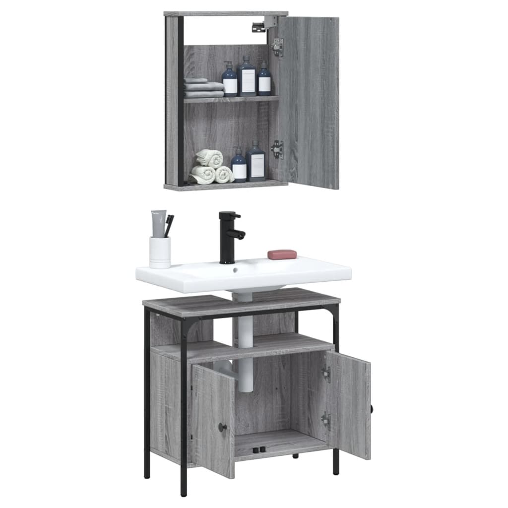 2-delige Badkamermeubelset bewerkt hout grijs sonoma eikenkleur is nu te koop bij PeponiXL, paradijselijk wonen!