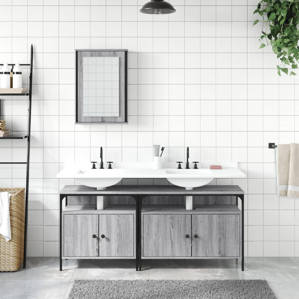 3-delige Badkamermeubelset bewerkt hout grijs sonoma eikenkleur is nu te koop bij PeponiXL, paradijselijk wonen!