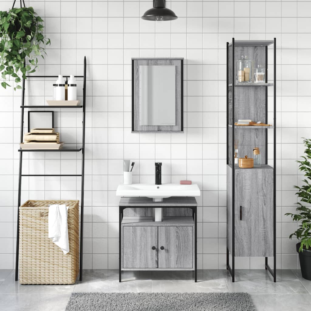 3-delige Badkamermeubelset bewerkt hout grijs sonoma eikenkleur is nu te koop bij PeponiXL, paradijselijk wonen!