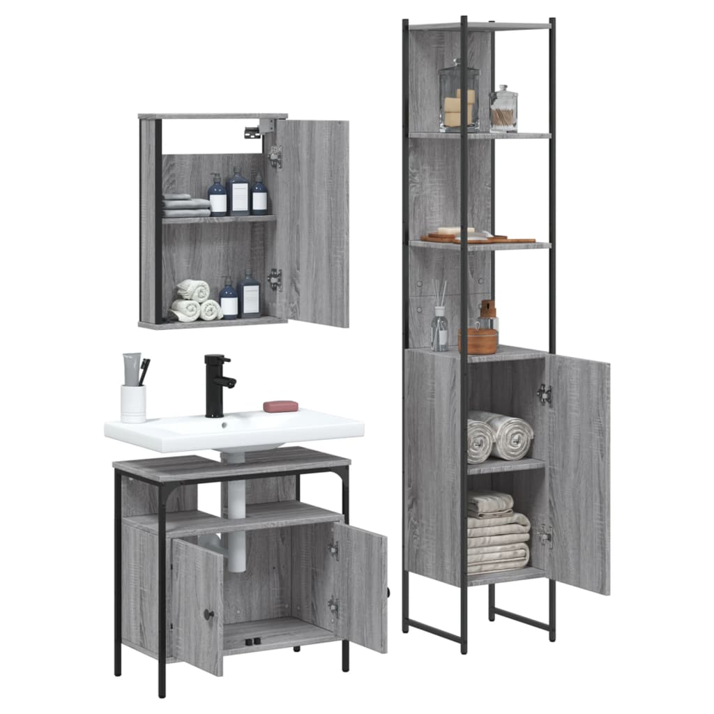 3-delige Badkamermeubelset bewerkt hout grijs sonoma eikenkleur is nu te koop bij PeponiXL, paradijselijk wonen!