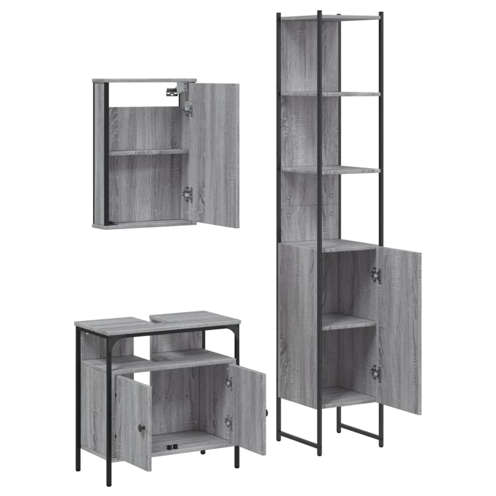 3-delige Badkamermeubelset bewerkt hout grijs sonoma eikenkleur is nu te koop bij PeponiXL, paradijselijk wonen!