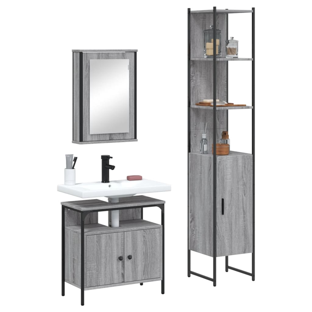 3-delige Badkamermeubelset bewerkt hout grijs sonoma eikenkleur is nu te koop bij PeponiXL, paradijselijk wonen!