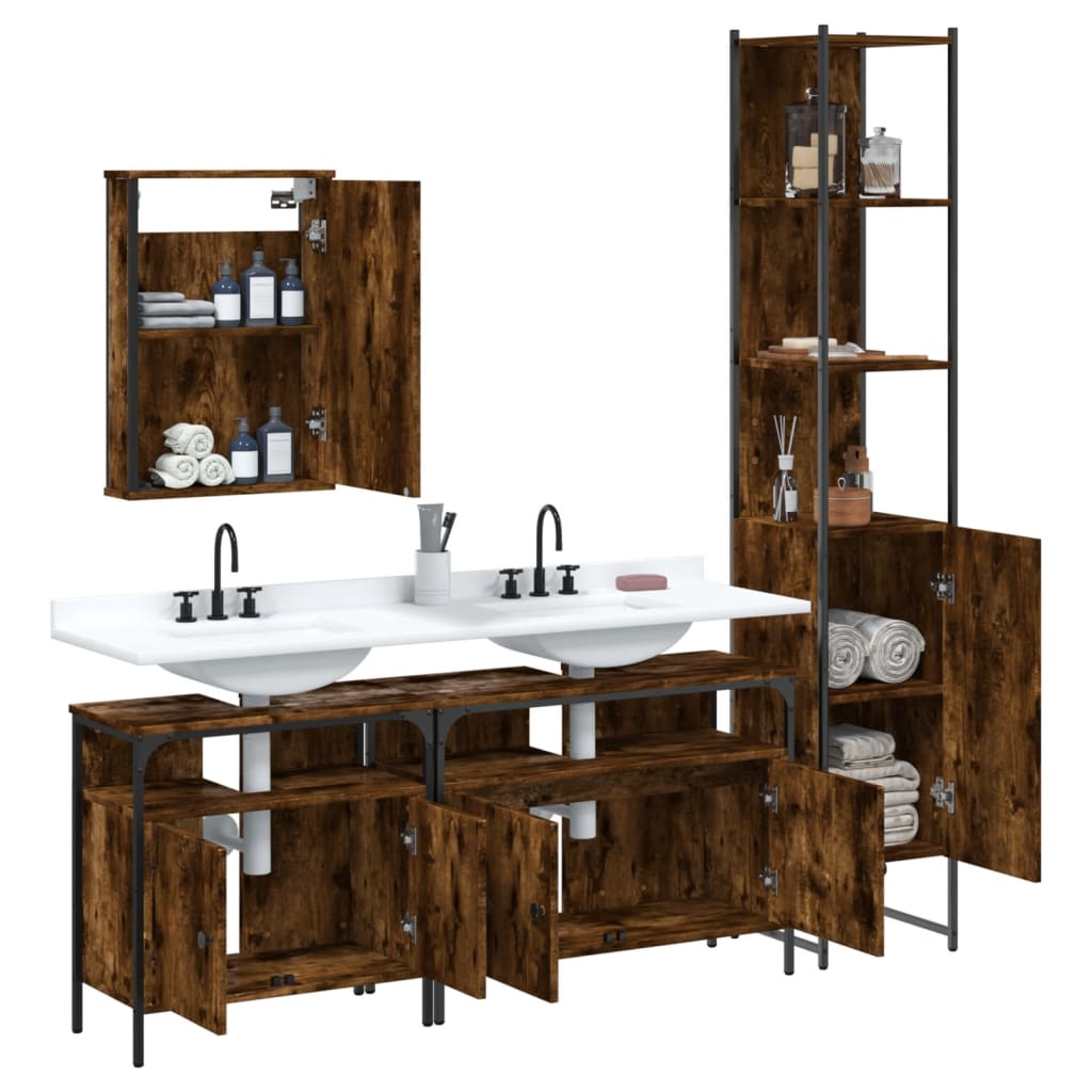 4-delige Badkamermeubelset bewerkt hout gerookt eikenkleurig is nu te koop bij PeponiXL, paradijselijk wonen!