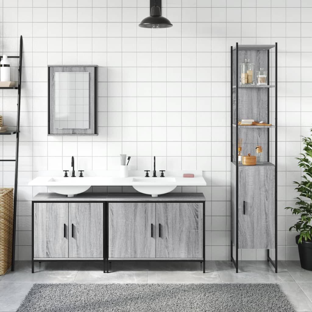 4-delige Badkamermeubelset bewerkt hout grijs sonoma eikenkleur is nu te koop bij PeponiXL, paradijselijk wonen!