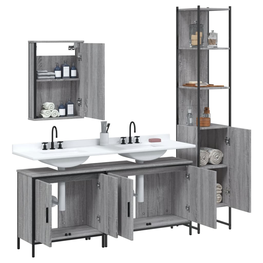 4-delige Badkamermeubelset bewerkt hout grijs sonoma eikenkleur is nu te koop bij PeponiXL, paradijselijk wonen!