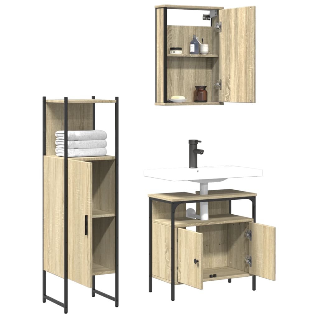 3-delige Badkamermeubelset bewerkt hout sonoma eikenkleurig is nu te koop bij PeponiXL, paradijselijk wonen!