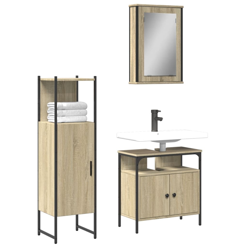 3-delige Badkamermeubelset bewerkt hout sonoma eikenkleurig is nu te koop bij PeponiXL, paradijselijk wonen!