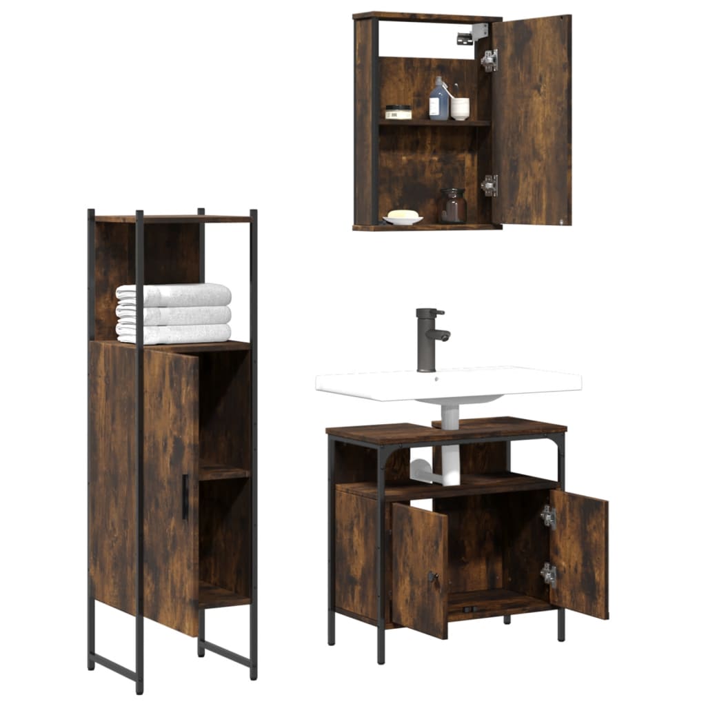3-delige Badkamermeubelset bewerkt hout gerookt eikenkleurig is nu te koop bij PeponiXL, paradijselijk wonen!