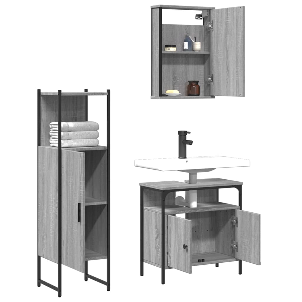 3-delige Badkamermeubelset bewerkt hout grijs sonoma eikenkleur is nu te koop bij PeponiXL, paradijselijk wonen!