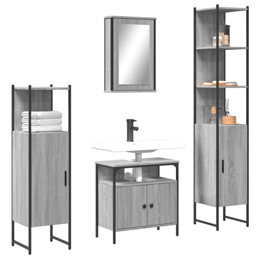 4-delige Badkamermeubelset bewerkt hout grijs sonoma eikenkleur is nu te koop bij PeponiXL, paradijselijk wonen!