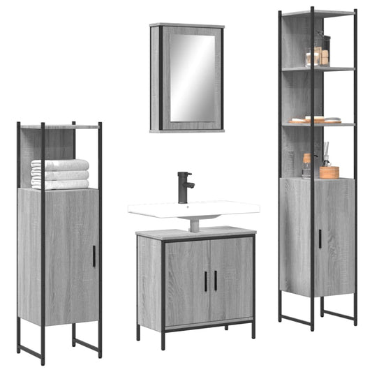 4-delige Badkamermeubelset bewerkt hout grijs sonoma eikenkleur is nu te koop bij PeponiXL, paradijselijk wonen!