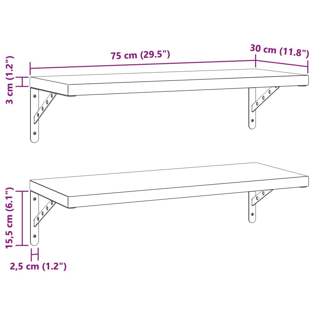 Wandschappen 2 st 75x30 cm roestvrijstaal zilverkleurig is nu te koop bij PeponiXL, paradijselijk wonen!