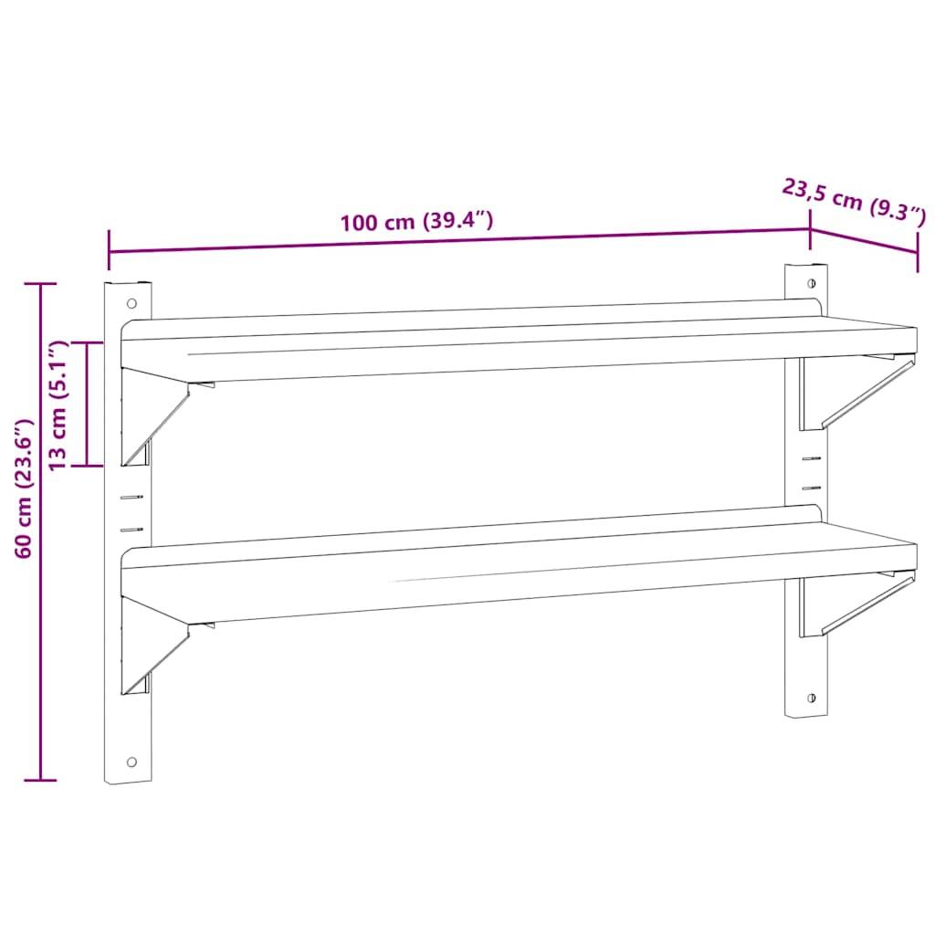 Wandschap 2-laags 100x23,5x60 cm roestvrijstaal zilverkleurig is nu te koop bij PeponiXL, paradijselijk wonen!