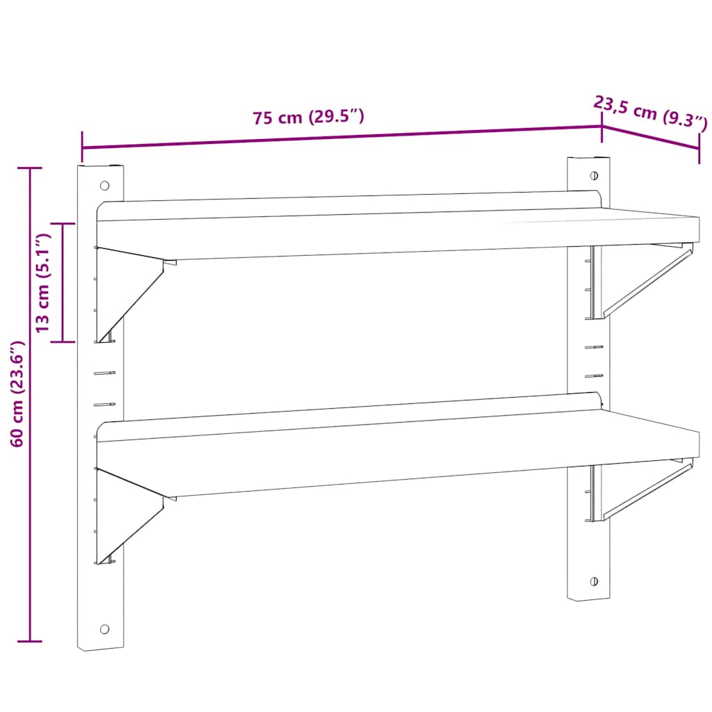 Wandschap 2-laags 75x23,5x60 cm roestvrijstaal zilverkleurig is nu te koop bij PeponiXL, paradijselijk wonen!