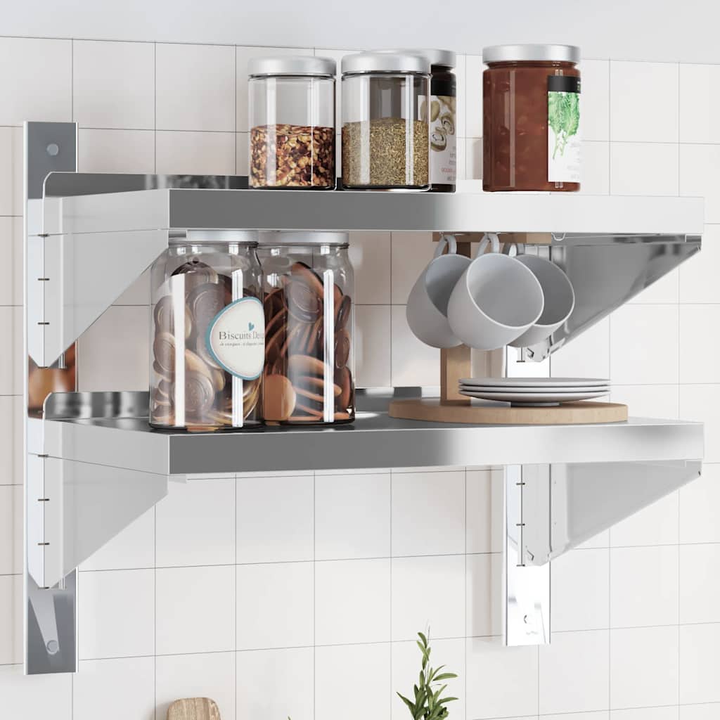 Wandschap 2-laags 50x30x48 cm roestvrijstaal zilverkleurig is nu te koop bij PeponiXL, paradijselijk wonen!
