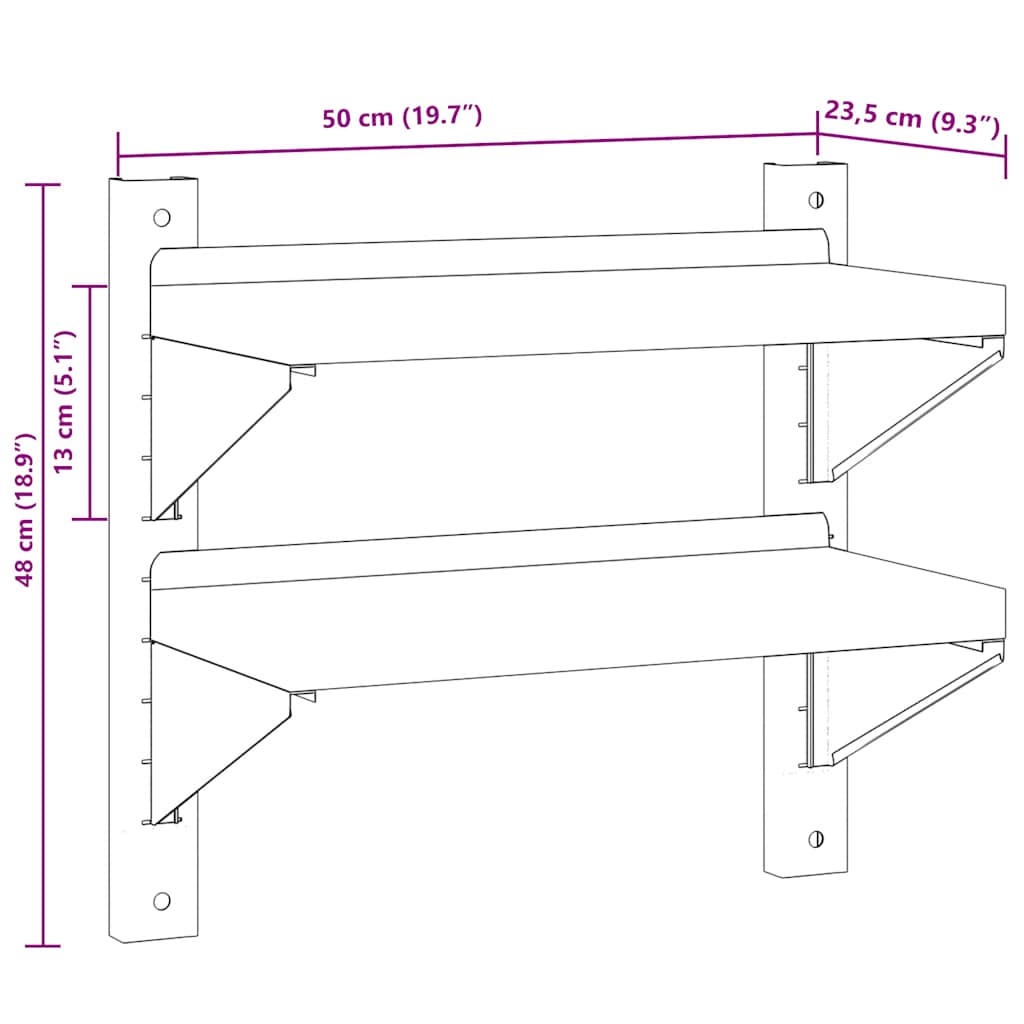 Wandschap 2-laags 50x23,5x48 cm roestvrijstaal zilverkleurig is nu te koop bij PeponiXL, paradijselijk wonen!