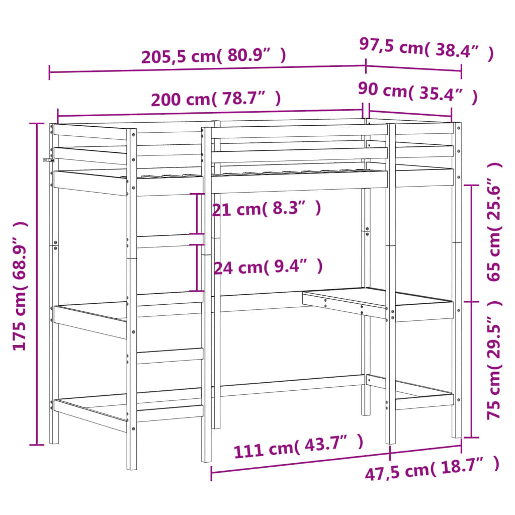 Hoogslaper met bureau massief grenenhout wit 90x200 cm is nu te koop bij PeponiXL, paradijselijk wonen!