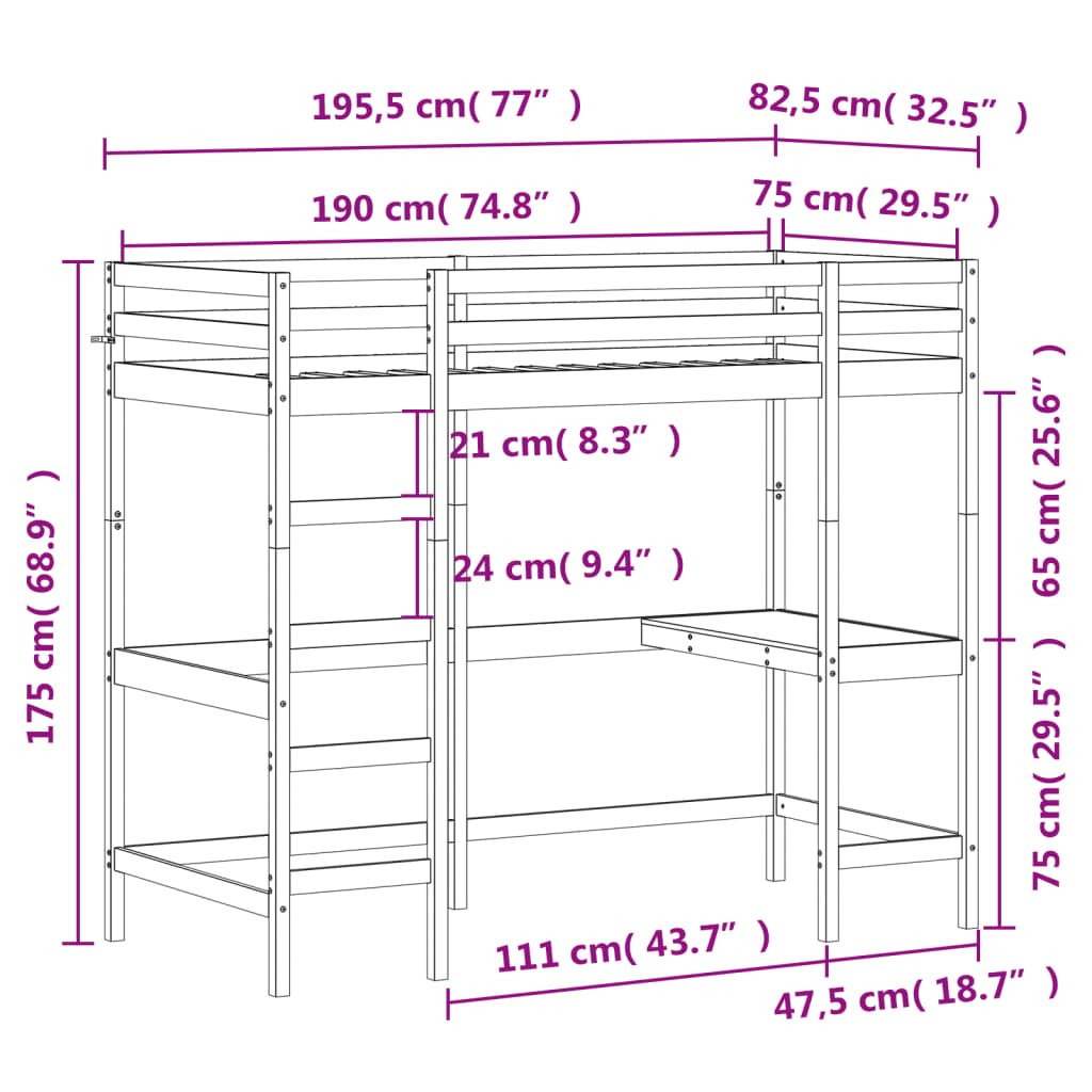 Hoogslaper met bureau massief grenenhout 75x190 cm is nu te koop bij PeponiXL, paradijselijk wonen!