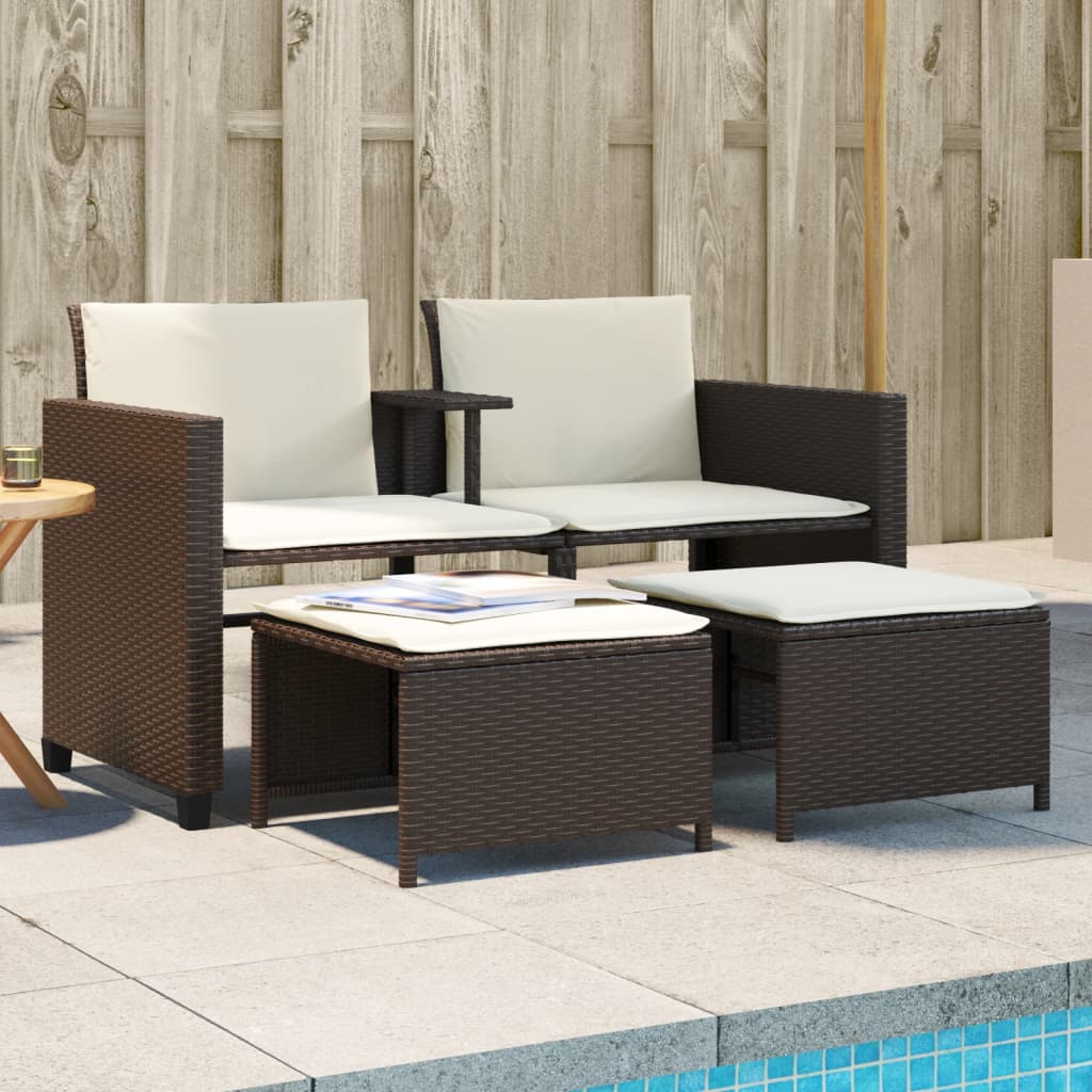 Tuinbank 2-zits met tafel en voetenbanken poly rattan bruin is nu te koop bij PeponiXL, paradijselijk wonen!