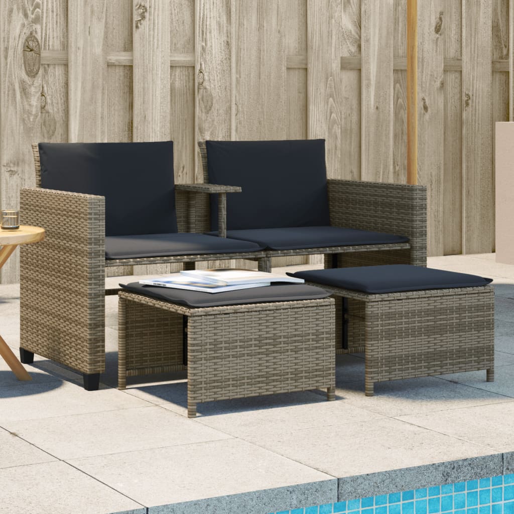 Tuinbank 2-zits met tafel en voetenbanken poly rattan grijs is nu te koop bij PeponiXL, paradijselijk wonen!
