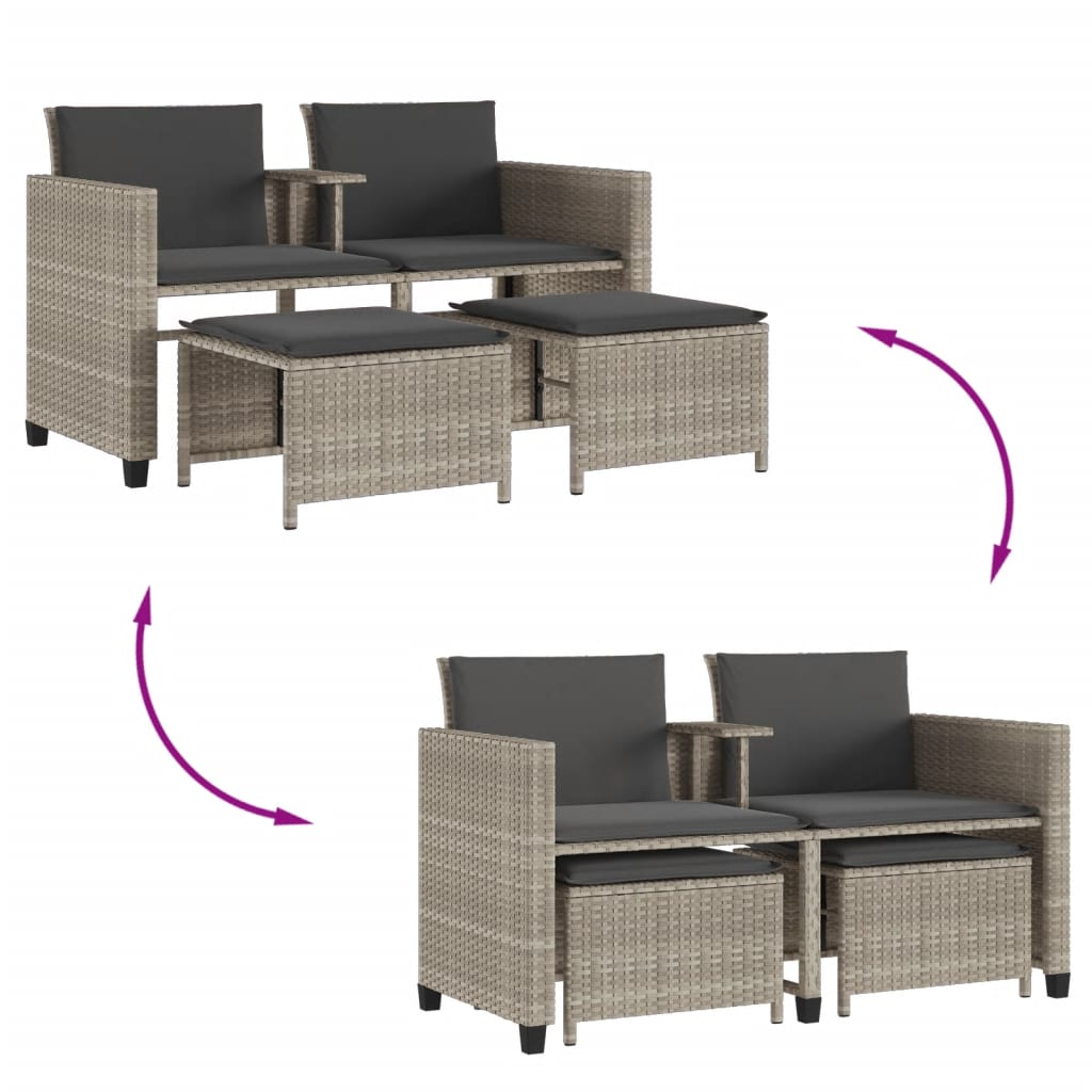 Tuinbank 2-zits tafel en voetenbanken poly rattan lichtgrijs is nu te koop bij PeponiXL, paradijselijk wonen!