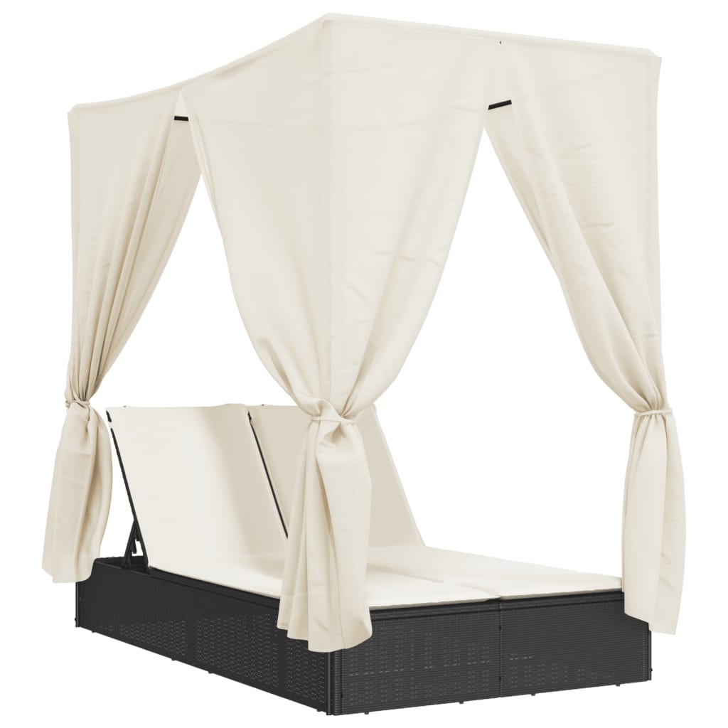Ligbed tweepersoons met dak en gordijn poly rattan zwart is nu te koop bij PeponiXL, paradijselijk wonen!