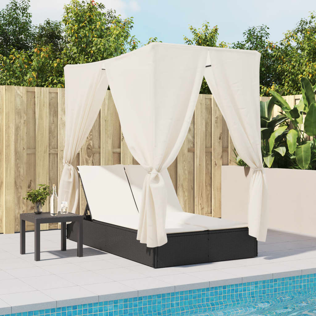 Ligbed tweepersoons met dak en gordijn poly rattan zwart is nu te koop bij PeponiXL, paradijselijk wonen!