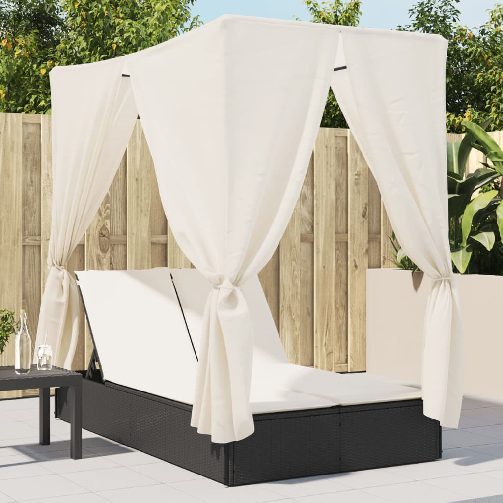 Ligbed tweepersoons met dak en gordijn poly rattan zwart is nu te koop bij PeponiXL, paradijselijk wonen!