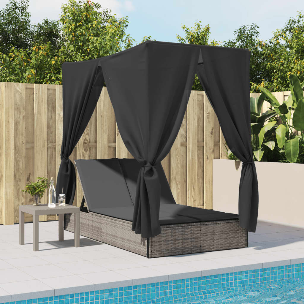 Ligbed tweepersoons met dak en gordijn poly rattan grijs is nu te koop bij PeponiXL, paradijselijk wonen!
