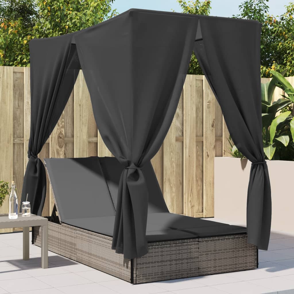 Ligbed tweepersoons met dak en gordijn poly rattan grijs is nu te koop bij PeponiXL, paradijselijk wonen!