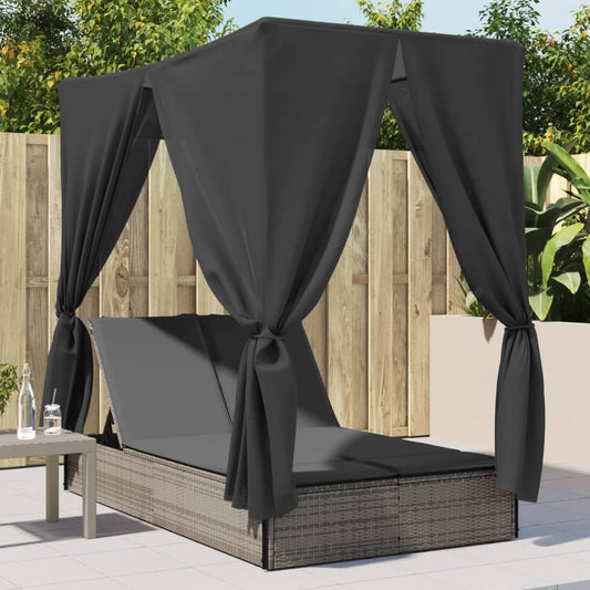 Ligbed tweepersoons met dak en gordijn poly rattan grijs is nu te koop bij PeponiXL, paradijselijk wonen!