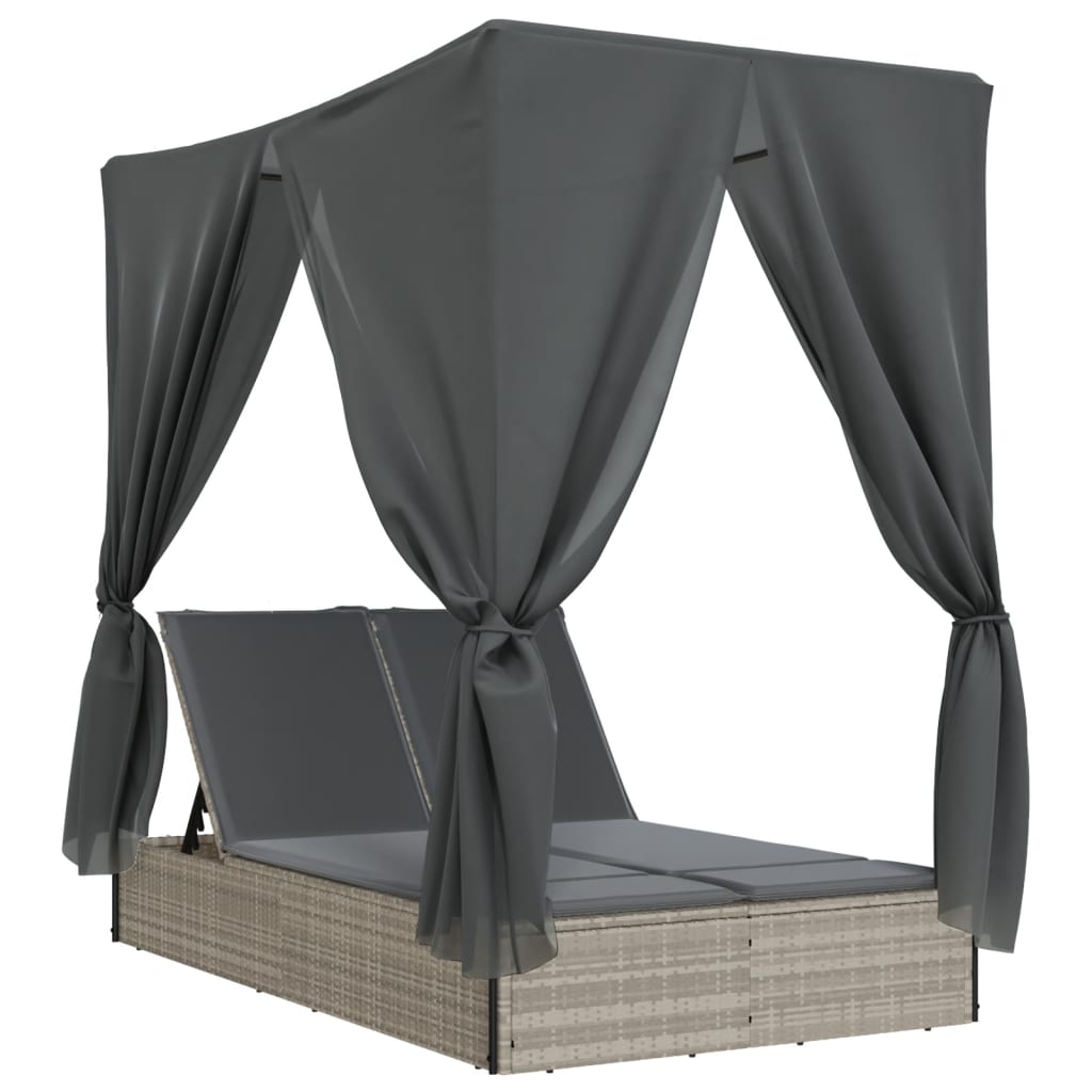 Ligbed tweepersoons met dak en gordijn poly rattan lichtgrijs is nu te koop bij PeponiXL, paradijselijk wonen!