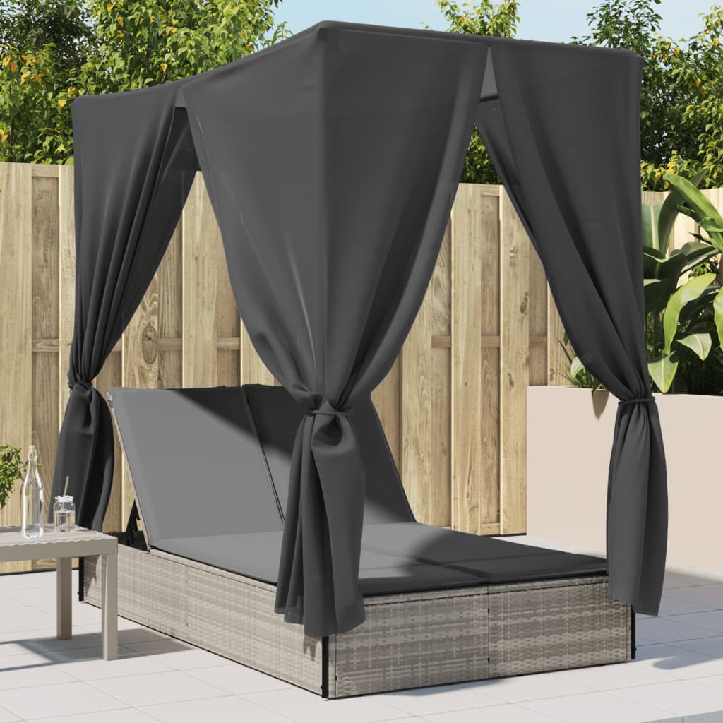 Ligbed tweepersoons met dak en gordijn poly rattan lichtgrijs is nu te koop bij PeponiXL, paradijselijk wonen!