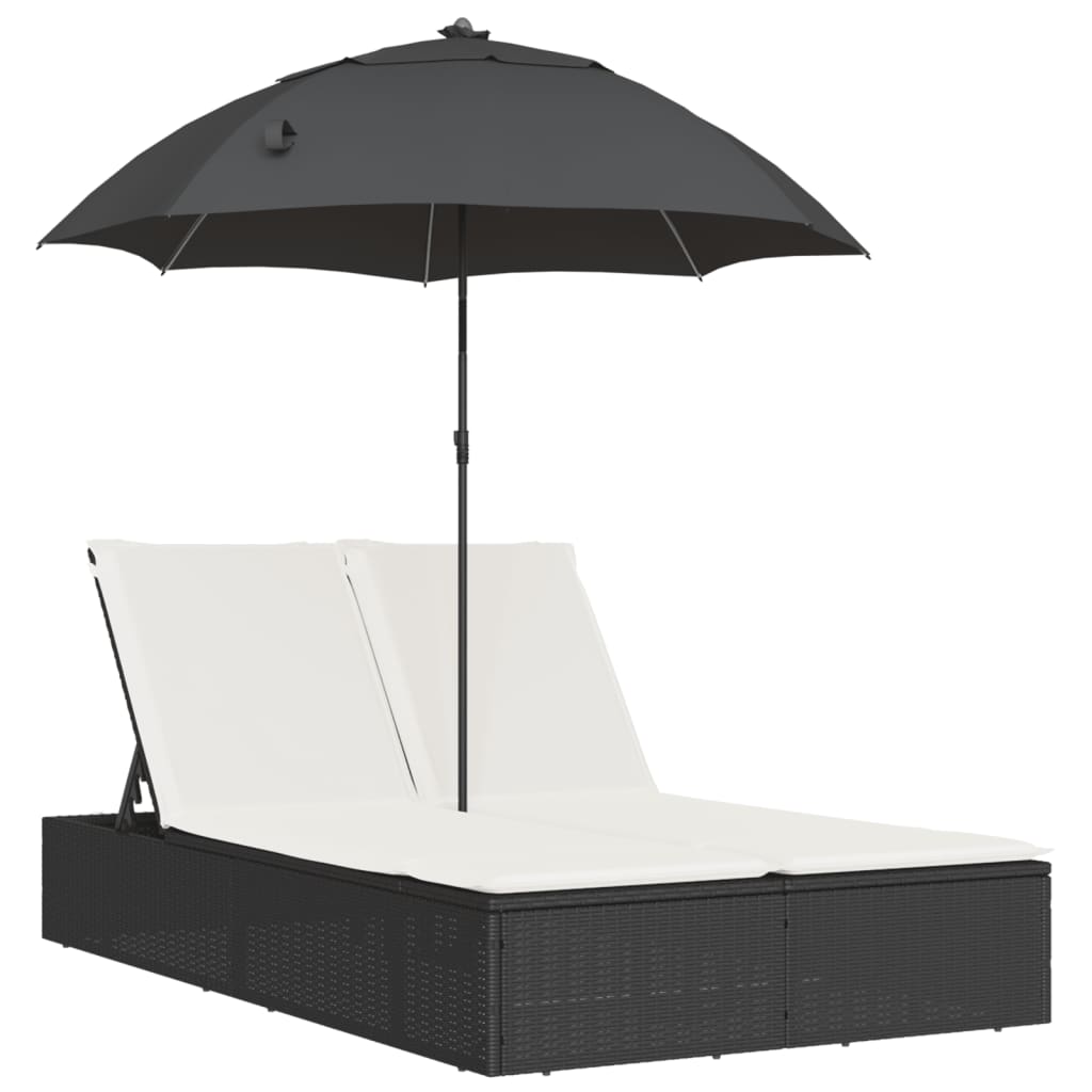 Ligbed 2-persoons met kussens en parasol poly rattan zwart is nu te koop bij PeponiXL, paradijselijk wonen!