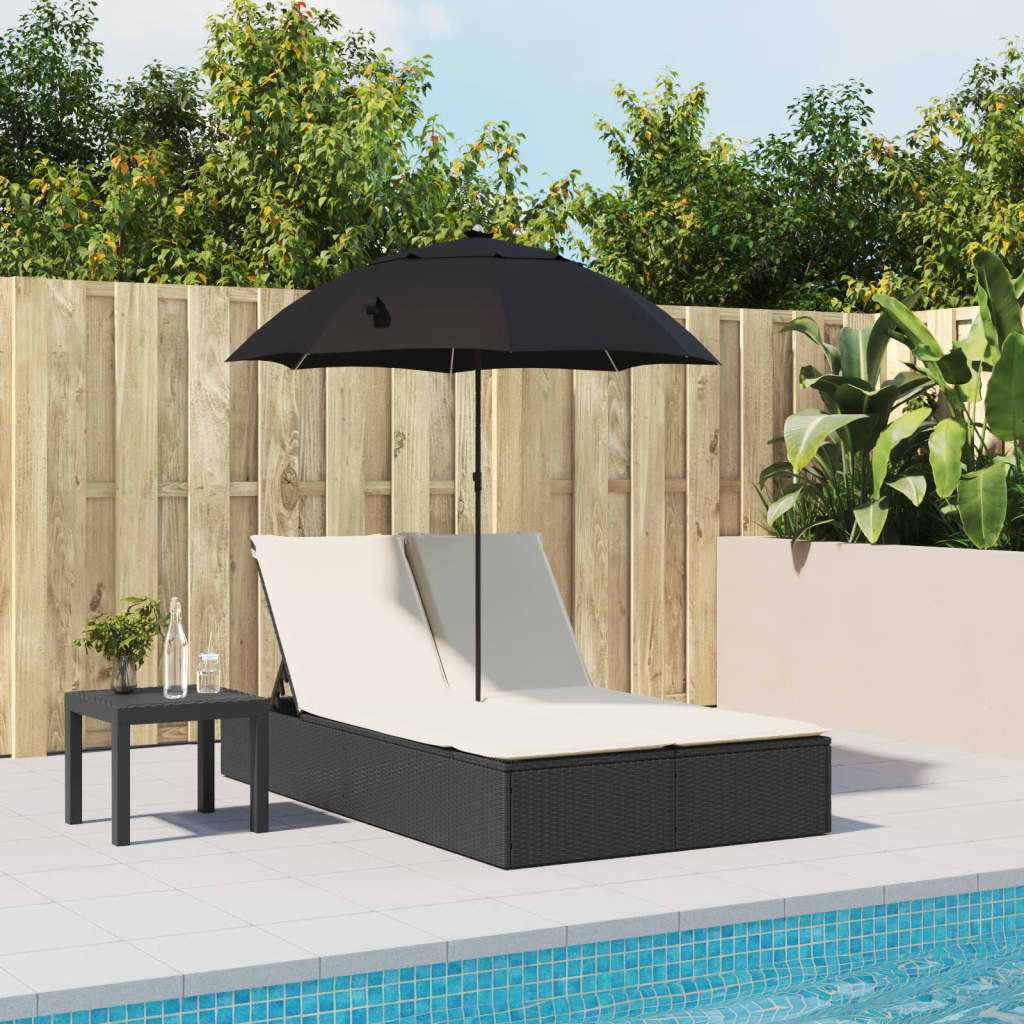 Ligbed 2-persoons met kussens en parasol poly rattan zwart is nu te koop bij PeponiXL, paradijselijk wonen!