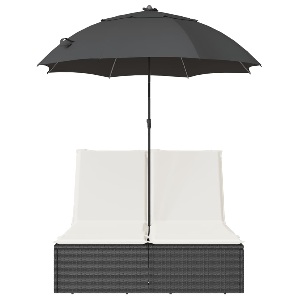 Ligbed 2-persoons met kussens en parasol poly rattan zwart is nu te koop bij PeponiXL, paradijselijk wonen!